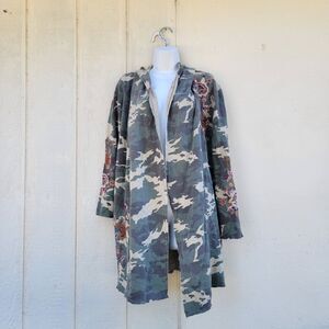 Caite Womens Embroidered Hooded Open Front Cardigan Sz Sm Camo Print Multicolor